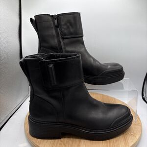 Franco Sarto Karrie Black Leather Ankle Boots Womens 8.5M Block Heel Side Zip